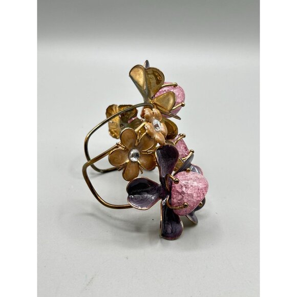 Floral Cuff Bracelet Crackled Glass Rhinestones & Enamels Statement Bracelet - Picture 2 of 12